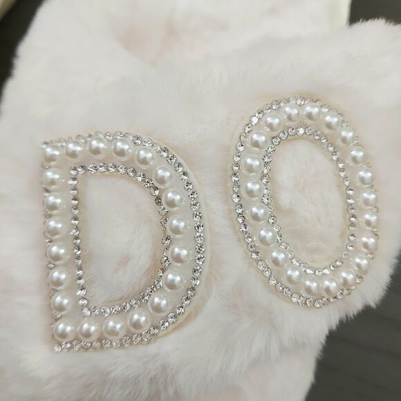 Wedding I Do Bride Slippers Size 40-41 Ivory Slip On Fluffy Wedding Anniversary - Picture 9 of 12